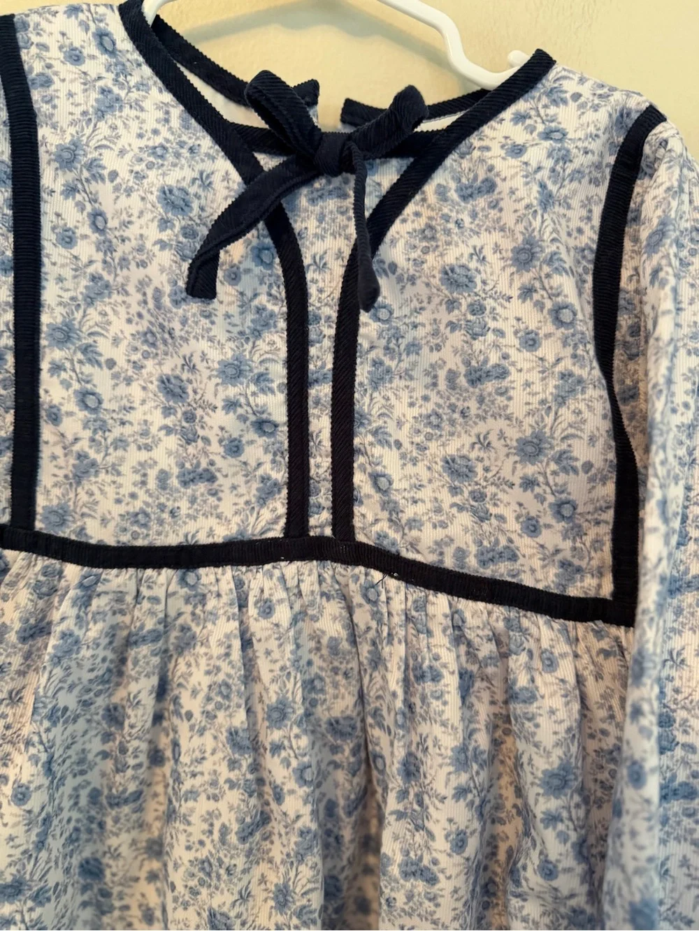 Busy Bees Smocks Blue Floral Long-Sleeve Dress with Navy Trim